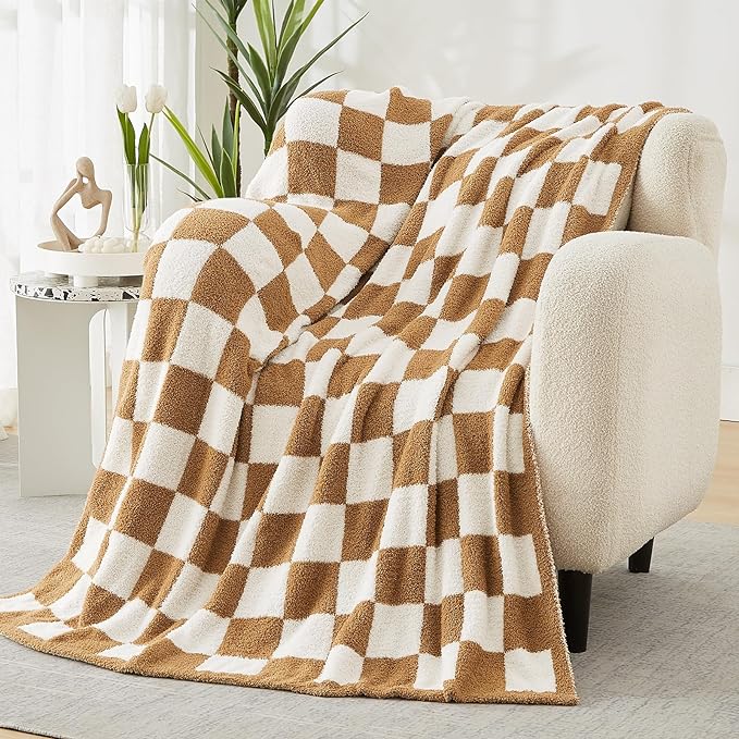 WRENSONGE Checkered Throw Blanket, Burnt Orange Soft Cozy Fluffy Warm Hand Made Throw Blankets for Couch, Sofa, Chair, Bed, Camping, Picnic, Travel Lightweight Bed Blanket - 60"*80"
