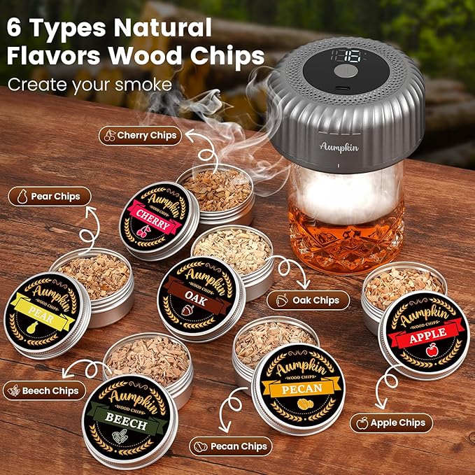 Electric Whiskey Smoker Kit with LED Light & Built-in Lighter, Rechargeable & No Butane Needed, Includes 6 Wood Chips for Old Fashioned Cocktails, Bourbon Whiskey Gifts for Men/Dad/Husband,Grey