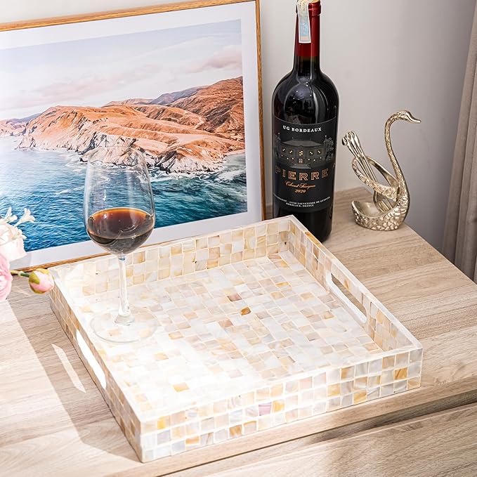 PEMAR 12.2" Square Serving Tray Mother of Pearl Nacre Wood Lap Ottoman Tray for Coffee Table, Luxury Decorative Handmade Eating Platters w Insert Handles (White Cream Squares Pattern)
