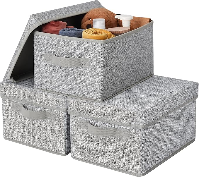 GRANNY SAYS Closet Storage Bins, Fabric Boxes with Lids, Shelf Baskets for Closet Organization, Stackable Storage Containers, Gray, Medium, 3-Pack