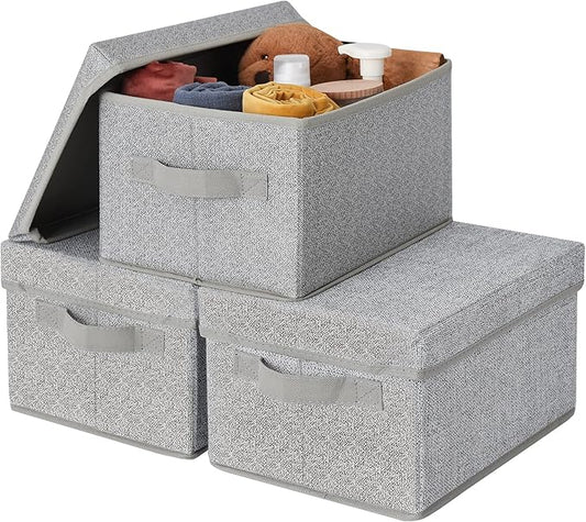GRANNY SAYS Closet Storage Bins, Fabric Boxes with Lids, Shelf Baskets for Closet Organization, Stackable Storage Containers, Gray, Medium, 3-Pack