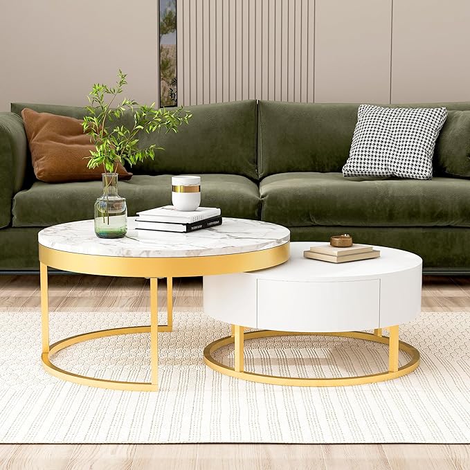 Modern Round Nesting Coffee Table with Drawers for Living Room in White