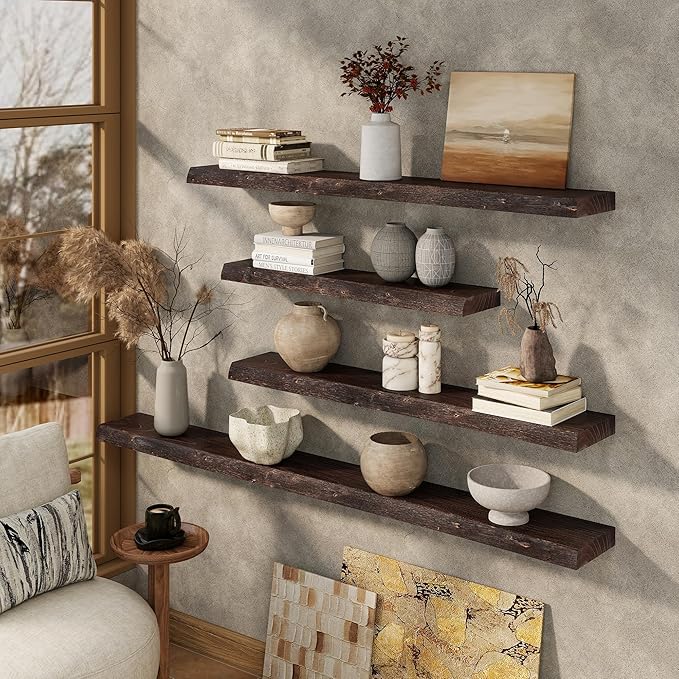 Marsmiles 72 inch Floating Shelves for Wall Elm Wood Live Edge Shelves Wall Mounted|Rustic Long Floating Shelves with Invisible Bracket for Bathroom Living Room Kitchen|Walnut, 1 Pack