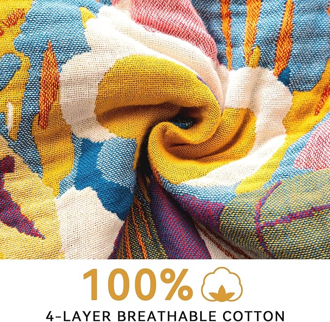 Boho Throw Blanket for Bed 90"x108", 100% Soft Cotton Bohemian Blankets with Rustic Floral Printed Decor, Fall Throw Blanket for Couch Cozy Breathable King Size All Season
