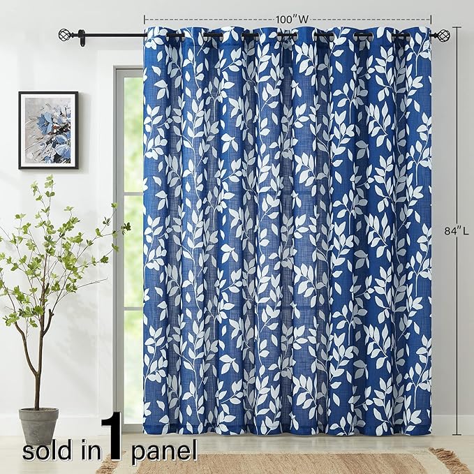 Royal Blue Semi Sheer Curtains for Sliding Glass Door 100"x 84" Extra Wide Glass Door Curtain Panels Linen Textrued White leaf Pattern Curtain Dripes for Living Room Window Draperies Grommet 1pcs