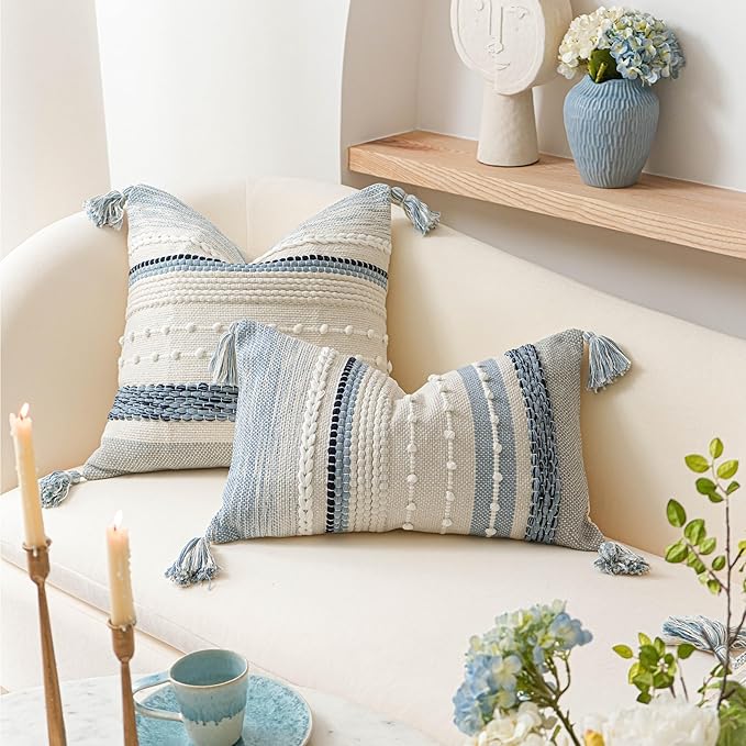 BlissBlush Decorative Lumbar Throw Pillow Cover 14x24 Boho Coastal Blue Accent Cushion for Couch Sofa Farmhouse Pillowcase for Bedroom Living Room Home Décor Cover ONLY