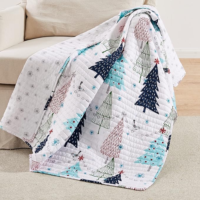 Levtex Home Merry & Bright Collecion - White Pine - Throw - Christmas Tree - Blue, Red, Green and White - Holiday Quilted Throw Size 50x60in. - Polyester