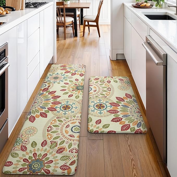 GENIMO Kitchen Mats for Floor 2PCS, Cushioned Kitchen Rugs Non Slip Washable, Farmhouse Anti Fatigue Mat Waterproof, Comfort Standing Mat Rug for Office, Home, Laundry, 17.3"x59"+17.3"x30", Beige&Red