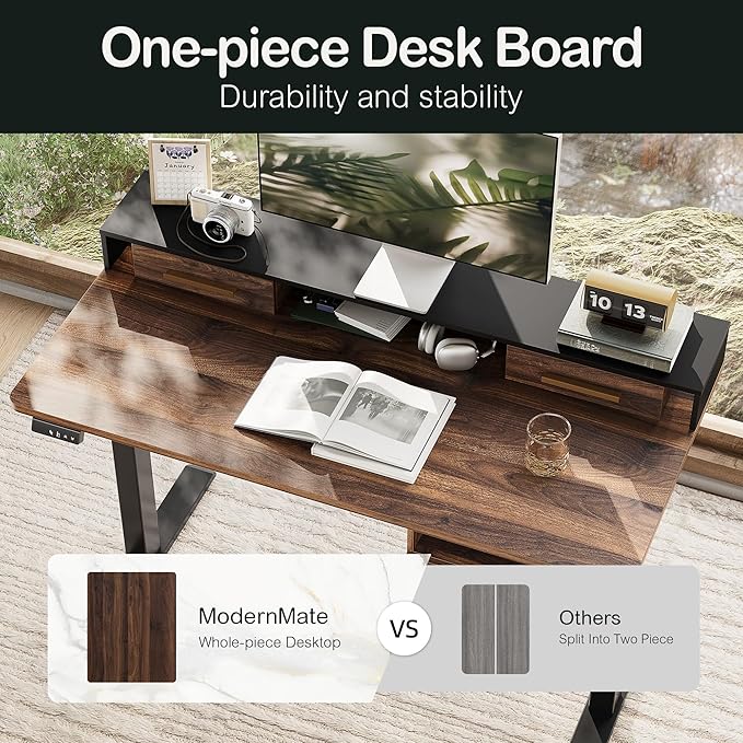 Electric Standing Desk with 4 Drawers, 47.2 x 23.6 Inch Height Adjustable Whole Piece Sit Stand Desk, Computer Home Office Workstation with Open Storage Shelf, Black Walnut