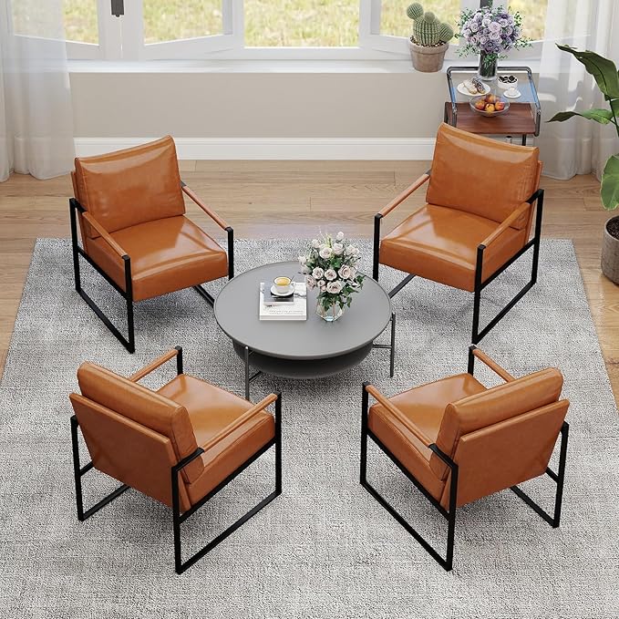 INZOY Accent Arm Chair with Metal Frame Set of 4, Comfy Living Room Chair with Plump Backrest and Cushion, Mid Century Modern Chair with Sturdy Structure, Easy to Clean, Brown