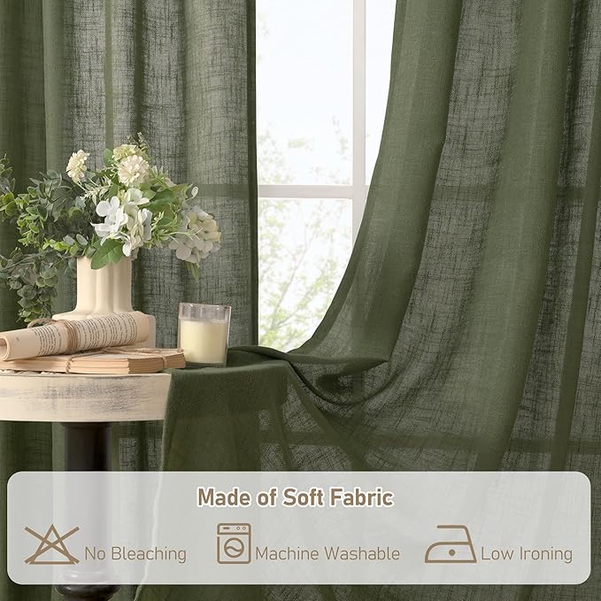 LAMIT Olive Green Linen Curtains 90 Inch for Living Room, Back Tab and Rod Pocket Linen Textured Christmas Curtains Light Filtering Drapes for Bedroom/Dining Room, Set of 2, 52 x 90 Inch