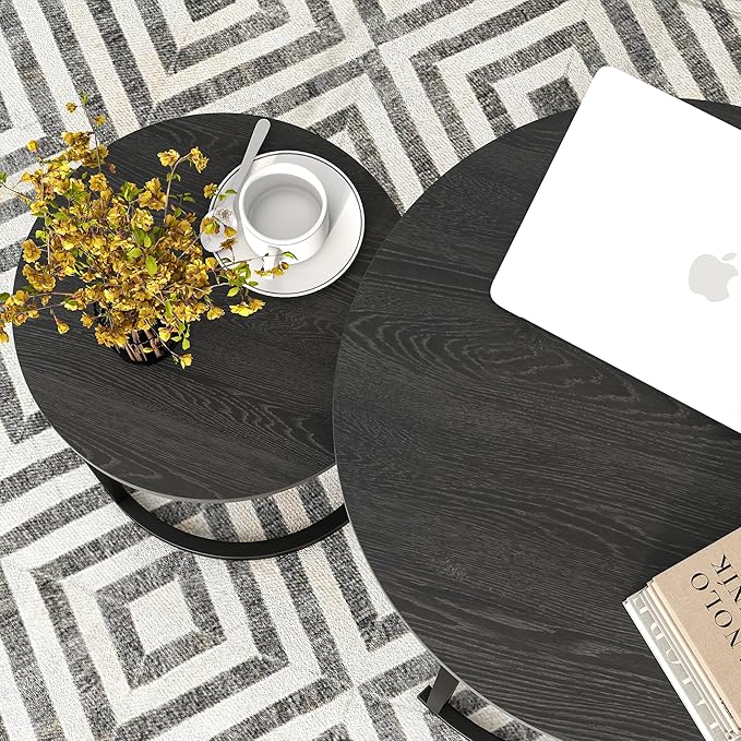 HOJINLINERO Small Coffee Table Set of 2, Round End Tables for Living Room, Modern Black Nesting Tables, Farmhouse Wood Side Table With Metal Frame, Easy Assembly, Stacking