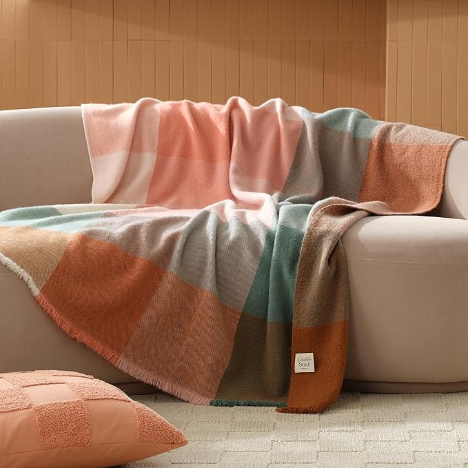 Double Stitch Alpaca Wool Throw Blanket - Warm, Soft Blanket for Couch, Luxury & Decorative Fleece Throw, Fall Plaid, Gift for Mother's Day, House Warming, 50" x 60", Harvest Multi