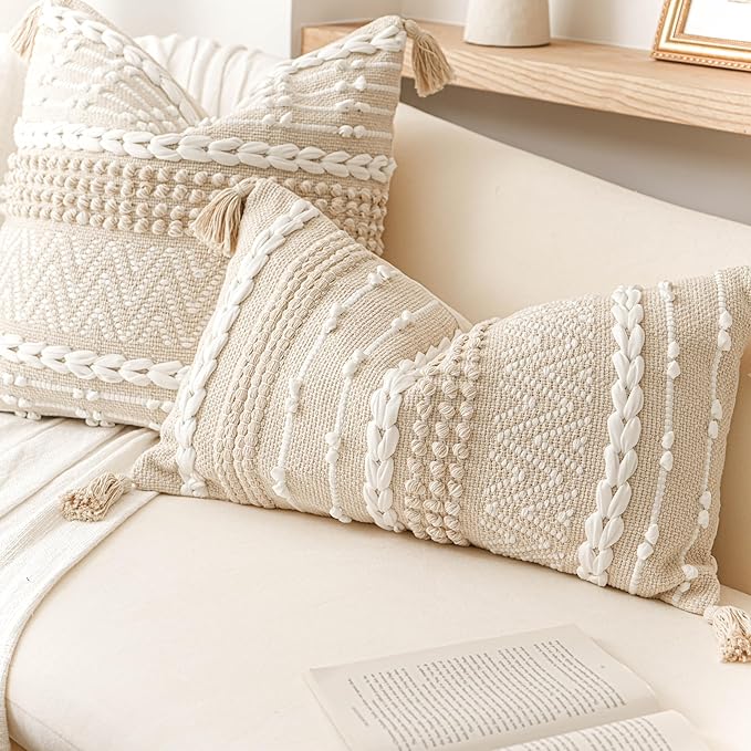 BlissBlush Decorative Lumbar Pillow Cover 14x24, Cream White Boho Accent Throw Pillow Case for Couch Sofa Bed, Modern Farmhouse Textured Lumbar Cushion Bedroom Living Room, Cover ONLY