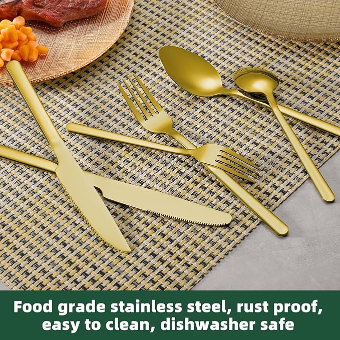 48 Pcs Gold Silverware Set with Steak Knives, Food-Grade Stainless Steel Flatware Cutlery Set for 8, Mirror Polished Tableware Eating Utensils Set for Kitchen, Knife Fork Spoon Set, Dishwasher Safe