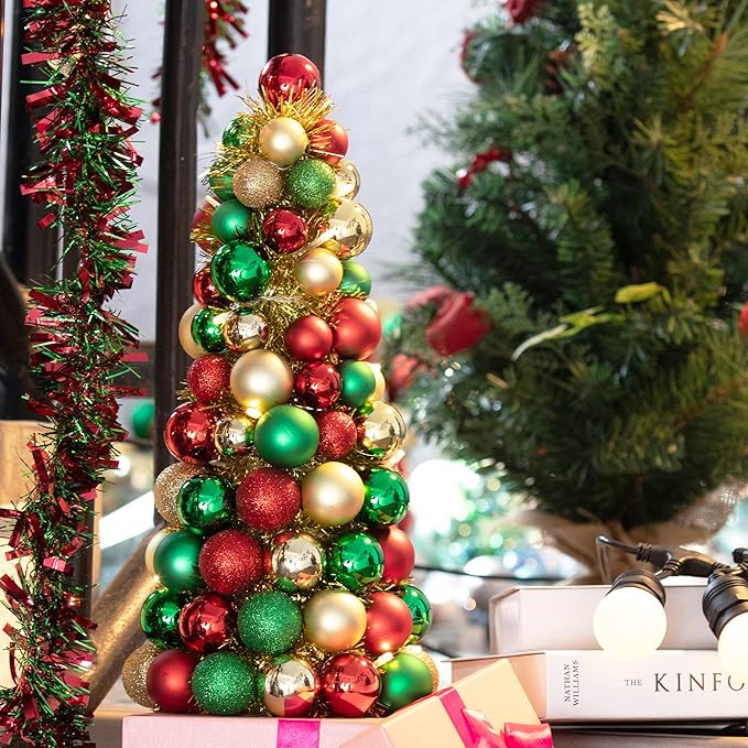 Amooca 16in Christmas Ball Tree with LED Lights Table Centerpiece Fireplace Decor Indoor Holiday Party Home Decoration Red Gold Green