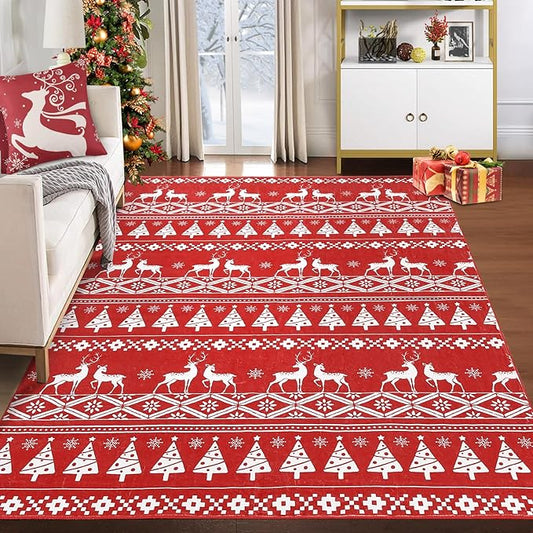 RUGSREAL 8x10 Christmas Area Rug Christmas Tree and Deer Pattern Boho Floor Cover Machine Washable Indoor Carpet Rug Decorative Non Slip Accent Rug for Kitchen Bathroom Living Room Bedroom