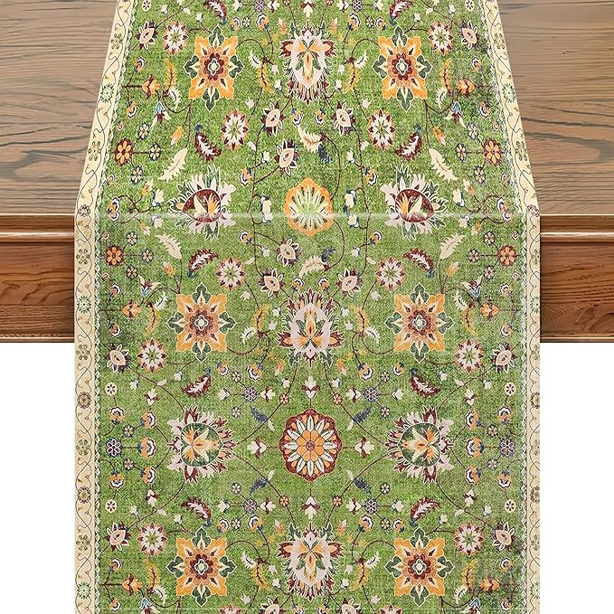 Snycler Table Runner Boho Table Runners Vintage Elegant Farmhouse Table Center Linen Decor for Home Dining Party Entrance (13x72 Inch) Green