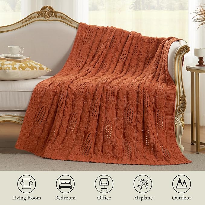 Amélie Home Chunky Knit Throw Blanket, Dual-Sided Soft Chenille Breathable Cable Knitted Blanket for Couch, Farmhouse Decorative Throw for Sofa & Chair, 60"x80", Burnt Orange