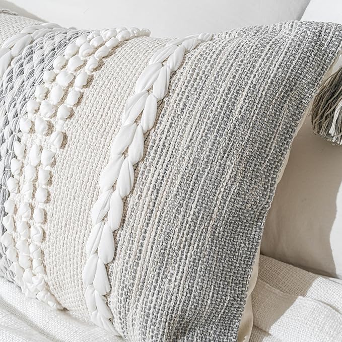 BlissBlush Gray Decorative Lumbar Pillow Cover 14x24, Boho Accent Throw Pillow Case for Couch Sofa Bed, Modern Farmhouse Textured Lumbar Cushion Bedroom Living Room, Cover ONLY