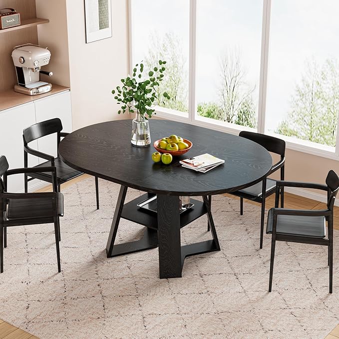 43.3in-59in Extendable Round Dining Table for 2-8,Modern Kitchen Oval Dining Table with Removable Leaves Space Saving,Wood Base with Storage Shelf for Kitchen Living Room (Black Style 3)