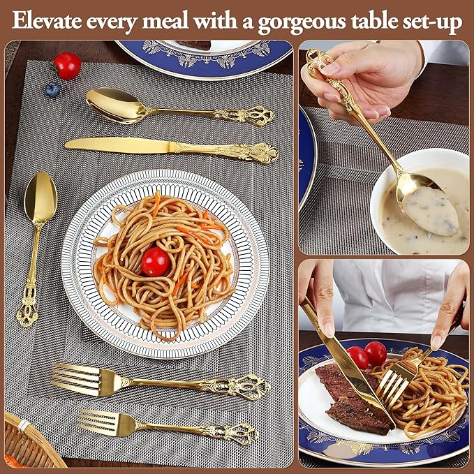 Silverware Set, 30 Pieces Retro Royal Silverware Set for 6, Anti-rust Stainless Steel Flatware Set Including Fork Spoon and Knife, Dishwasher Safe, Gold