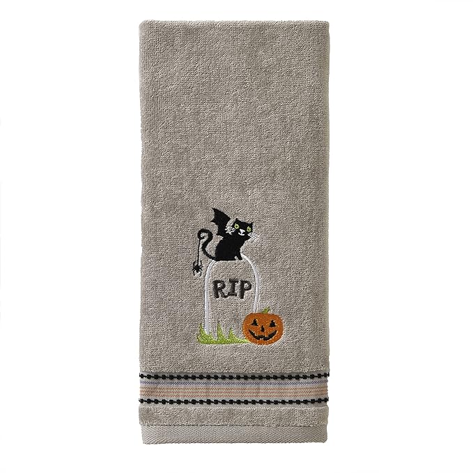 SKL Home Halloween Graveyard Cat Hand Towel 2pc Set for Bath/Kitchen/Bar & Gift, Gray