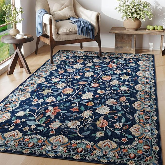 Rugcomf Vintage Paisley Rugs for Bedroom 4'x6' - Machine Washable Area Rug, Non-Slip Low Pile Floral Carpet for Girl/Boys Room, Living Room, Kids, Entry - Blue