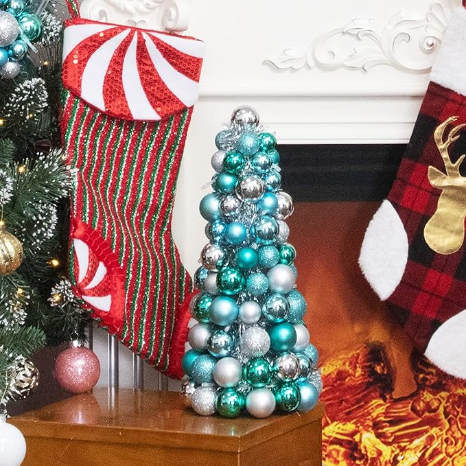 Amooca 16in Christmas Ball Tree with LED Lights Table Centerpiece Fireplace Decor Indoor Holiday Party Home Decoration Light Blue Silver
