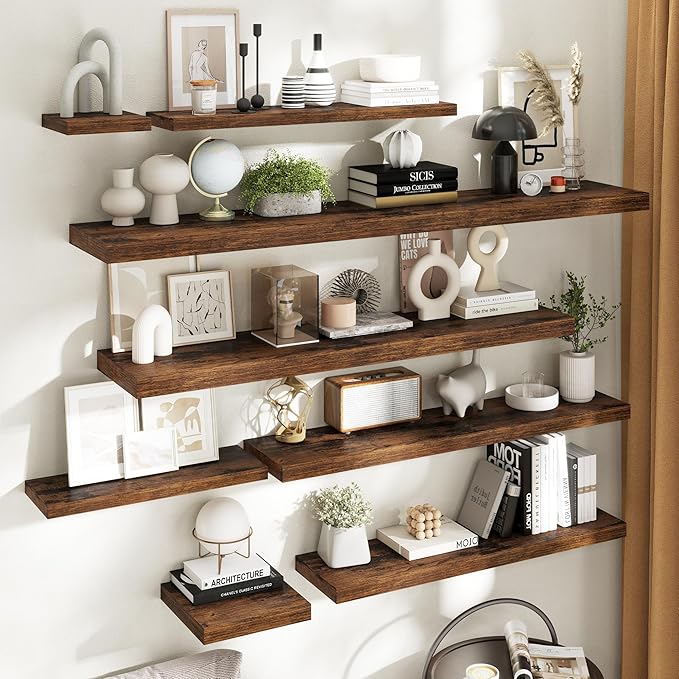 Floating Shelves for Wall with Invisible Brackets, Wall Mounted Engineered Wood Shelves with Wood Grain for Living Room, Bathroom, Kitchen Decor and Storage, Oak, 40"L Set of 2, Rustic Brown