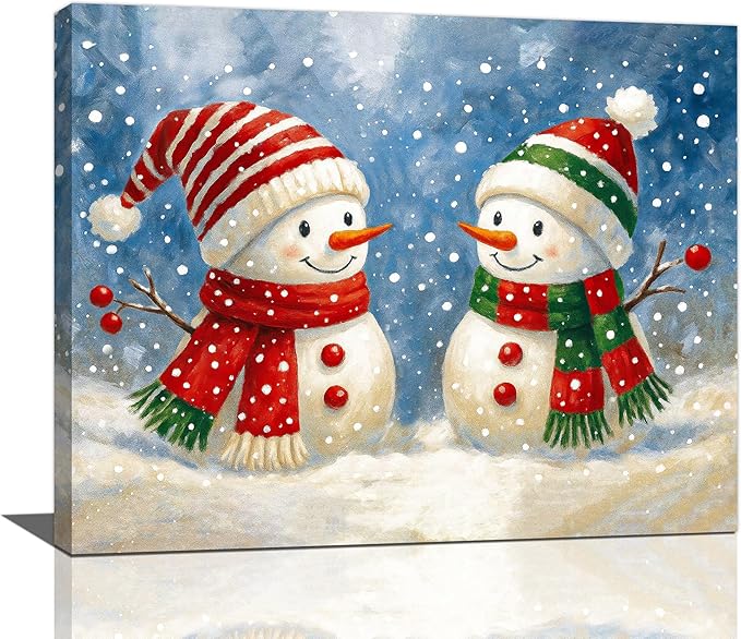 Christmas Snowman Wall Art Winter Holidays Canvas Wall Decor Pictures Paintings Prints Artwork Framed Decorations For Bathroom Bedroom Living Room Office Gifts 20" x 16"