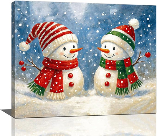 Christmas Snowman Wall Art Winter Holidays Canvas Wall Decor Pictures Paintings Prints Artwork Framed Decorations For Bathroom Bedroom Living Room Office Gifts 20" x 16"