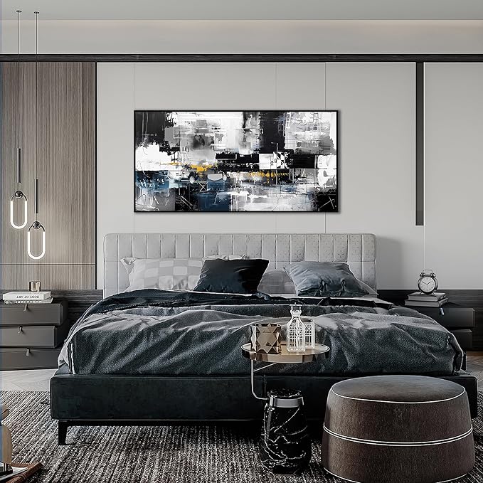 Abstract Art Wall Decor Black Framed Room Decor Blue Wall Painting for Bedroom Office Decorations 24"x 48"