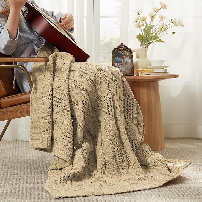 Amélie Home Chunky Knit Throw Blanket, Dual-Sided Soft Chenille Breathable Cable Knitted Blanket for Couch, Farmhouse Decorative Throw for Sofa & Chair, 60"x80", Beige