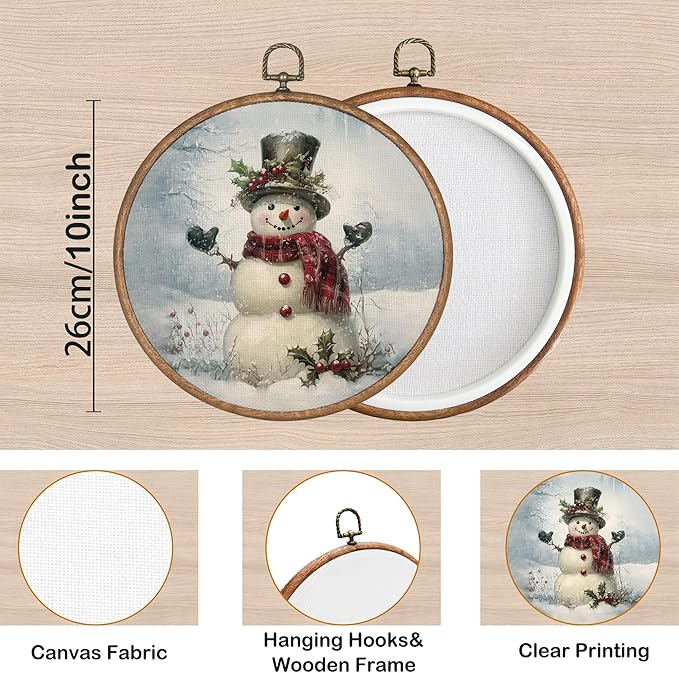 KSDUT Vintage Winter Wall Decor Art - Retro Snowman Snowy Wall Art Canvas Frame Hanging Prints, Christmas Holiday Landscape Round Wall Art Decor for Home Farmhouse Decorations 10"x10"