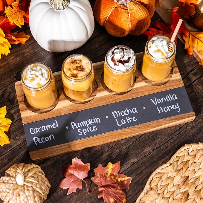 Wooden Flight Board Set – Wine, Beer, Whiskey, Mimosa, and Cocktail Tasting Tray – Acacia Wood Serving Board with Slate Chalkboard – Home Bar & Entertaining Gift (Set of 4, 16x8 inches)