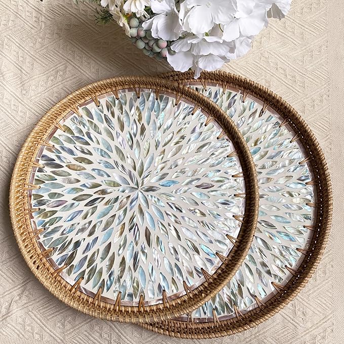 i-lan 14Inch Round Mother of Pearl Inlay Rattan Tray Display, Rattan Coffee Bread Serving Tray with MOP Inlay Wooden Base, Decorative Wicker Basket for Table Decor, Storage of Fruit,Candy