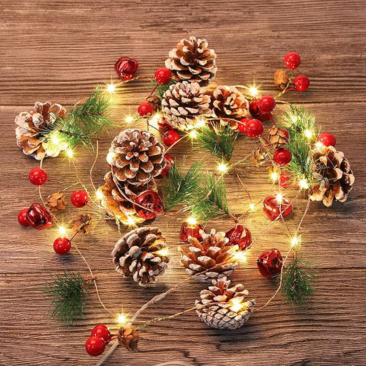 10FT Enchanting Christmas Garland with 30 LED Lights Battery Operated-Realistic Red Berries & Pine Cones Decor for Tree,Fireplace Mantel,Indoor Holiday Home Decor (9.8Ft)