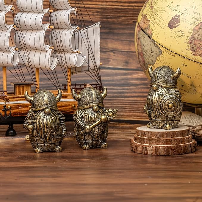 3PCS Viking Warrior Gnome Figurines Set-Viking Decor Home Ornament Mini Gnomes for Table,Shelves,Cabinet (Gold)