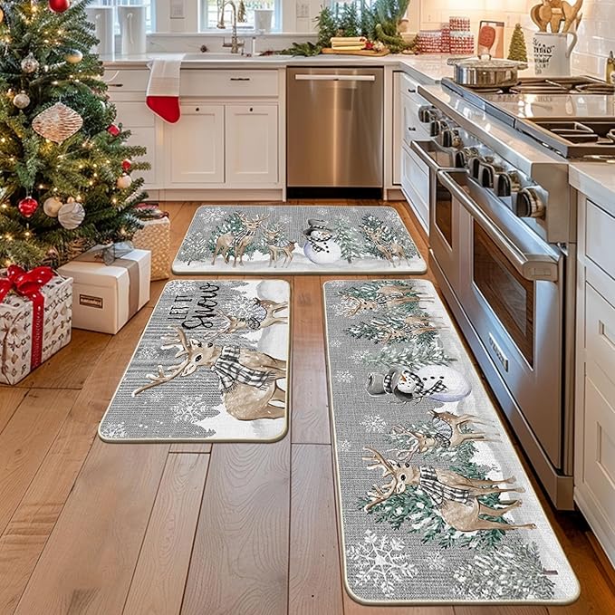 Artoid Mode Deer Tree Let It Sonw Snowflakes Christmas Kitchen Mats Set of 2, Winter Decor Low-Profile Kitchen Rugs for Floor - 24"x36"+24"x59"+24"x72"