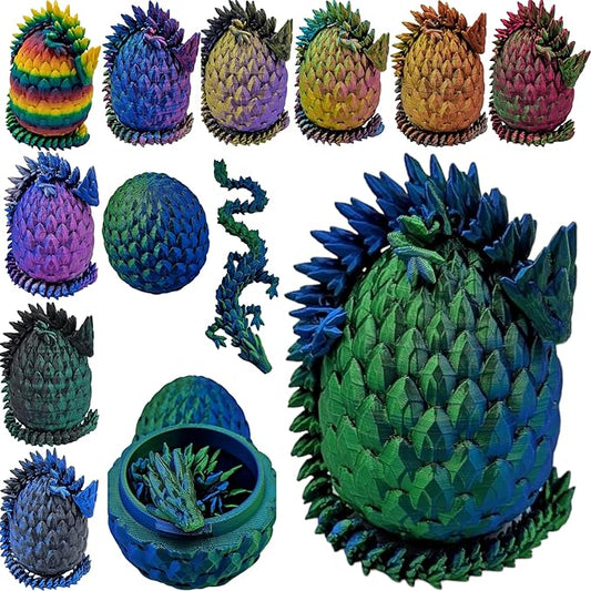 3D Printed Dragon Egg Articulating Gemstone Dragon Fidget Figurine - Vibrant Color Dragons Flexible ADHD, Autism and Anxiety Relief - Articulated Joints (Blue Green Silk)