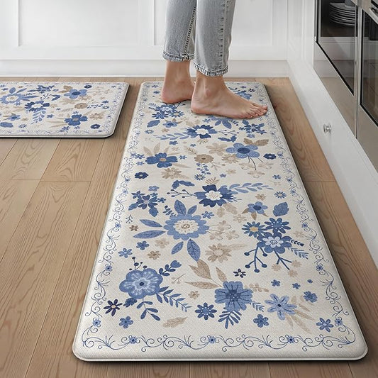 GENIMO Kitchen Mats for Floor 2PCS, Cushioned Kitchen Rugs Non Slip Washable, Farmhouse Anti Fatigue Mat Waterproof, Comfort Standing Mat Rug for Office, Home, Laundry, 17.3"x47"+17.3"x30", Beige&Blue