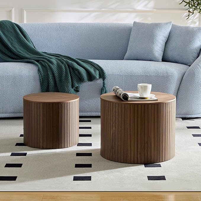 Round Storage Side Table Set of 2, Nesting Coffee Tables with Hidden Storage, Modern Wood Accent End Table for Living Room, Bedroom, Small Space, Minimalist Bedside Table, No Assembly(Walnut)