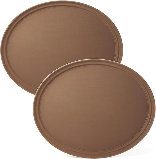 CURTA 2-Pack Restaurant Grade Non-Slip Tray, NSF, Oval 19-Inch x 23-Inch, Plastic Rubber Lined Round Serving Tray, Brown