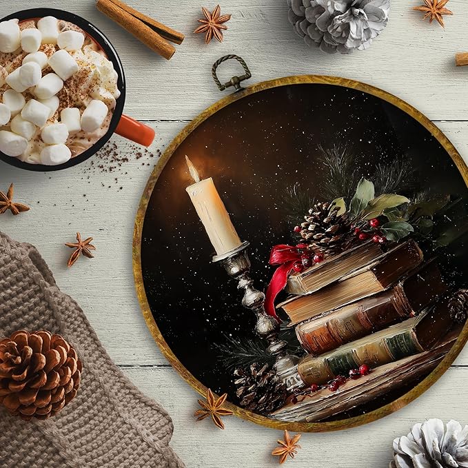 CUANFDDSF Vintage Moody Christmas Book Round Wall Art, Rustic Christmas Candle Bookish Framed Hanging Wall Decor, Cozy Xmas Winter Canvas Prints Decorations for Home Library Reading Room, 10x10 Inch