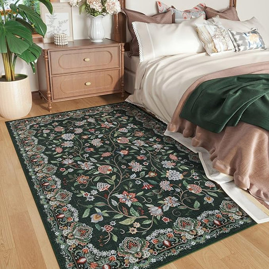 Rugcomf Vintage Paisley 3'x5' Area Rug - Machine Washable, Non-Slip Low Pile Small Floral Carpet for Bedroom, Bedside, Kitchen, Entryway, Kids/Girls Room, Office - Green