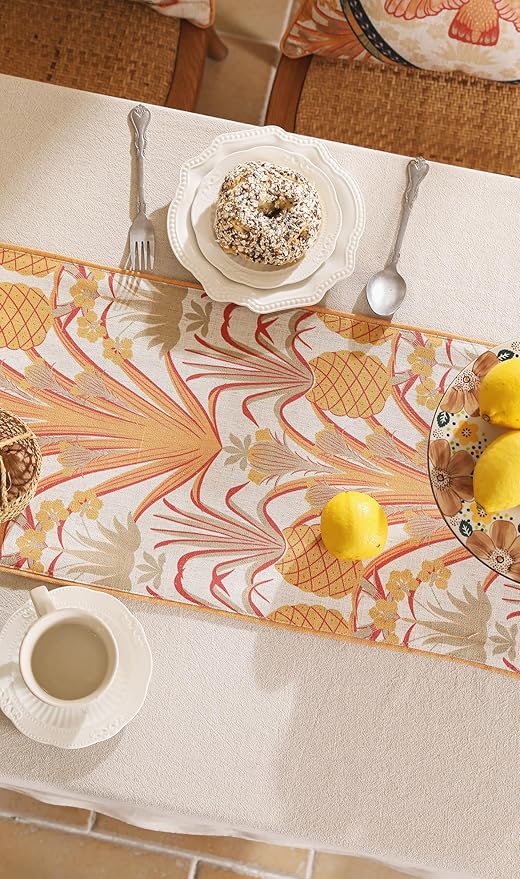 patdrea Designer Tropical Linen Table Runner 102 Inch Long, Yellow Vintage Elegant with Pineapple Pattern Table Mat,Decoration for Kitchen Dining Coffee Table Cover Banquet Christmas , 12"*102"