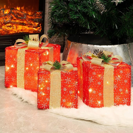 FUNPENY Set of 3 Christmas Lighted Gift Boxes, 50 LED Christmas Box Decorations, Presents Boxes (Christmas Red)