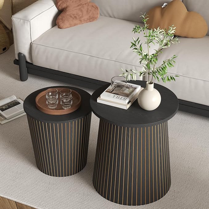Round Coffee Table Set,2-Piece Modern Farmhouse Living Room End Table Set, Nesting Table Round Natural Finish for Living Room (Black, 17.72'')