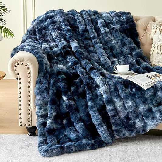 Luxury 1000GSM Faux Rabbit Fur Throw Blanket, Super Heavy Warm Cozy Blankets for Couch Bed Sofa, Bubble Plush Fuzzy Elegant Soft Reversible Mink Blanket for Living Room Bedroom, Tie-dye Blue